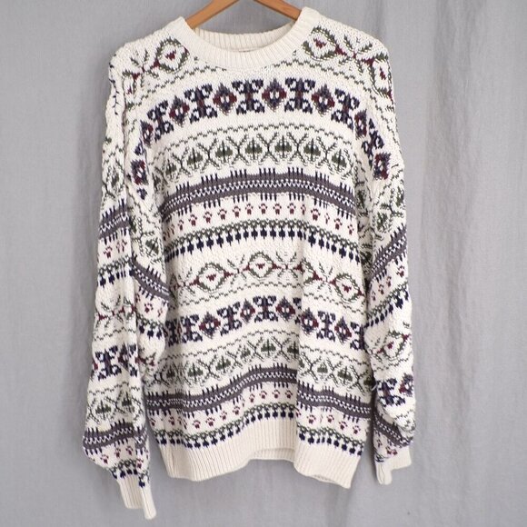 Eddie Bauer Vintage Men's Made In USA Nordic Chunky Cotton Crewneck Sweater - L